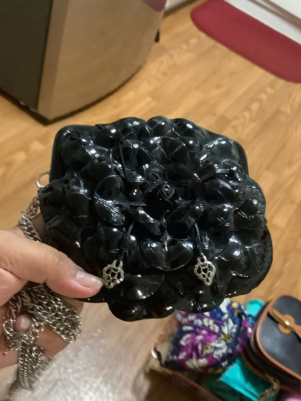 Brighton Black Patent Floral Crossbody with Silver Chain
